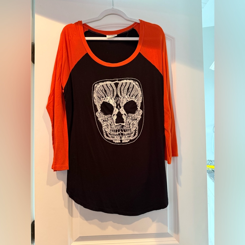 Free Kisses Orange and Black Skull Long Sleeve Top